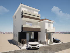 1号棟 ※完成予定CGパースは、図面を元に描き起こしたもので、外構・植栽・外観・周辺等が実際と多少異なる場合があります