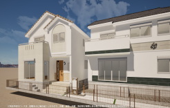 1号棟 ※完成予定CGパースは、図面を元に描き起こしたもので、外構・植栽・外観・周辺等が実際と多少異なる場合があります