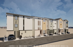 1号棟 ※完成予定CGパースは、図面を元に描き起こしたもので、外構・植栽・外観・周辺等が実際と多少異なる場合があります