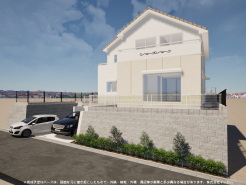 ※完成予定CGパースは、図面を元に描き起こしたもので、外構・植栽・外観・周辺等が実際と多少異なる場合があります