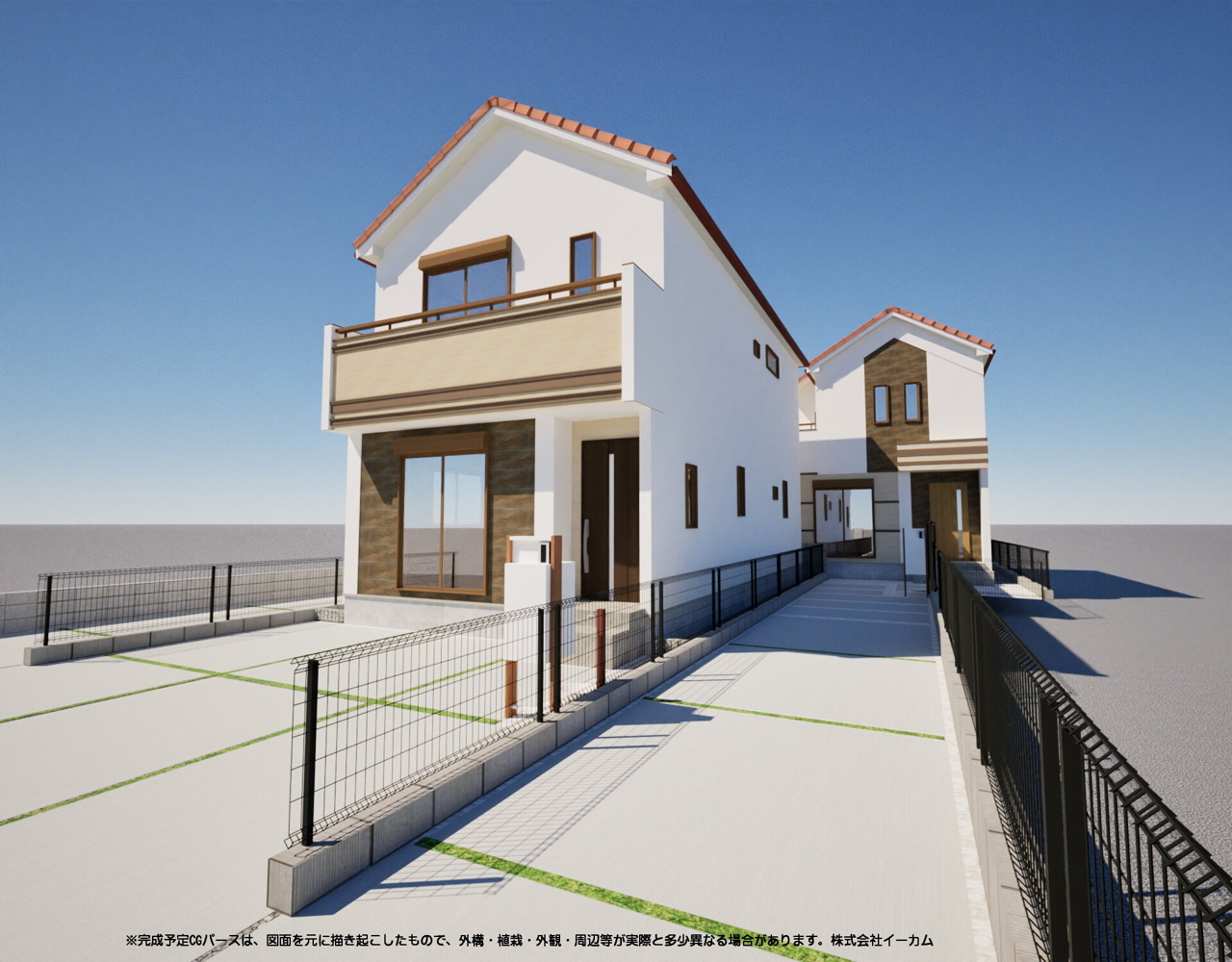 1号棟 ※完成予定CGパースは、図面を元に描き起こしたもので、外構・植栽・外観・周辺等が実際と多少異なる場合があります