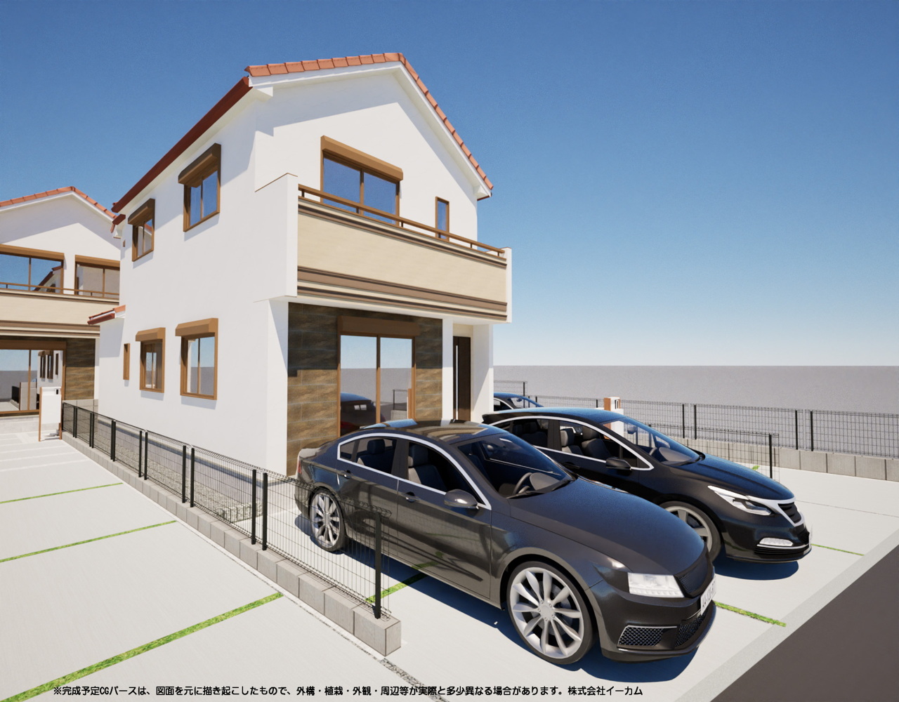1号棟 ※完成予定CGパースは、図面を元に描き起こしたもので、外構・植栽・外観・周辺等が実際と多少異なる場合があります